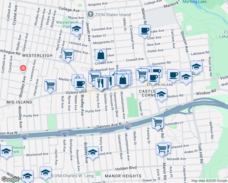 map of restaurants, bars, coffee shops, grocery stores, and more near 1936 Victory Boulevard in Staten Island