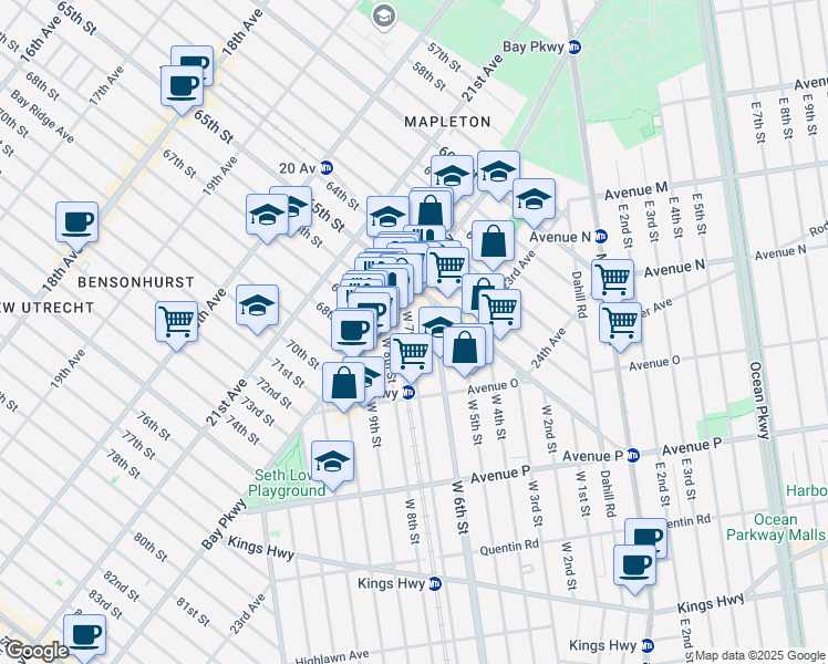 map of restaurants, bars, coffee shops, grocery stores, and more near 1345 West 7th Street in Brooklyn