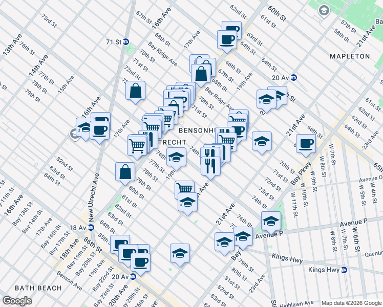 map of restaurants, bars, coffee shops, grocery stores, and more near 7407 19th Avenue in Brooklyn