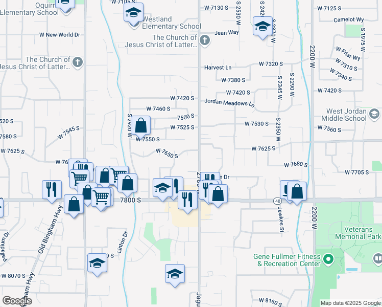 map of restaurants, bars, coffee shops, grocery stores, and more near 7655 William Circle in West Jordan