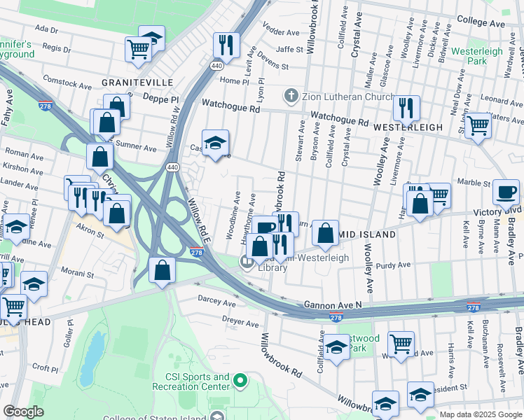 map of restaurants, bars, coffee shops, grocery stores, and more near 175 Auburn Avenue in Staten Island