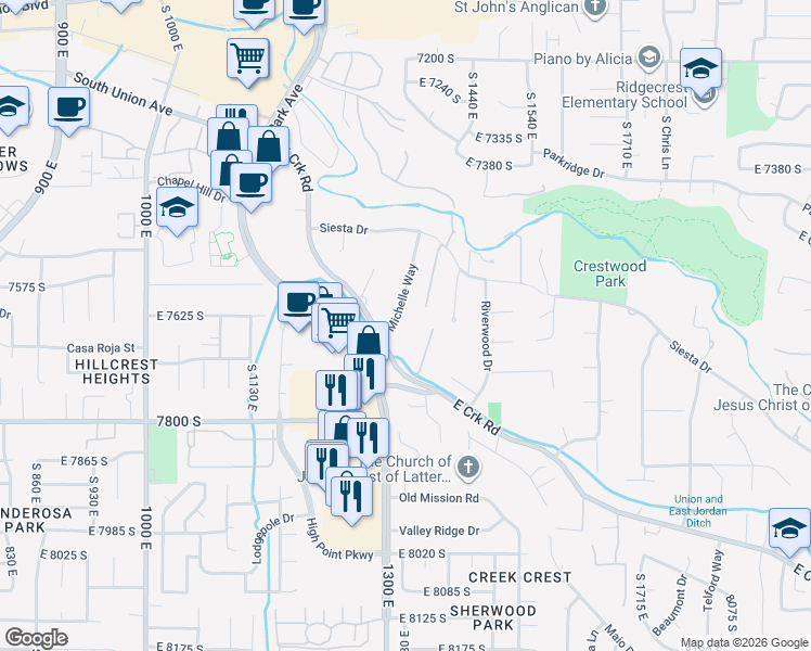 map of restaurants, bars, coffee shops, grocery stores, and more near 7635 Michelle Way in Sandy
