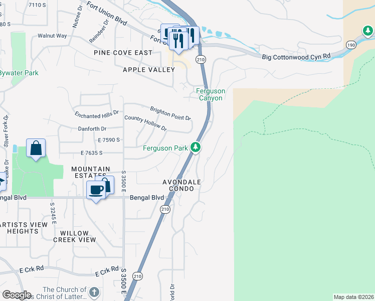 map of restaurants, bars, coffee shops, grocery stores, and more near 7627 South Primaverii Court in Cottonwood Heights