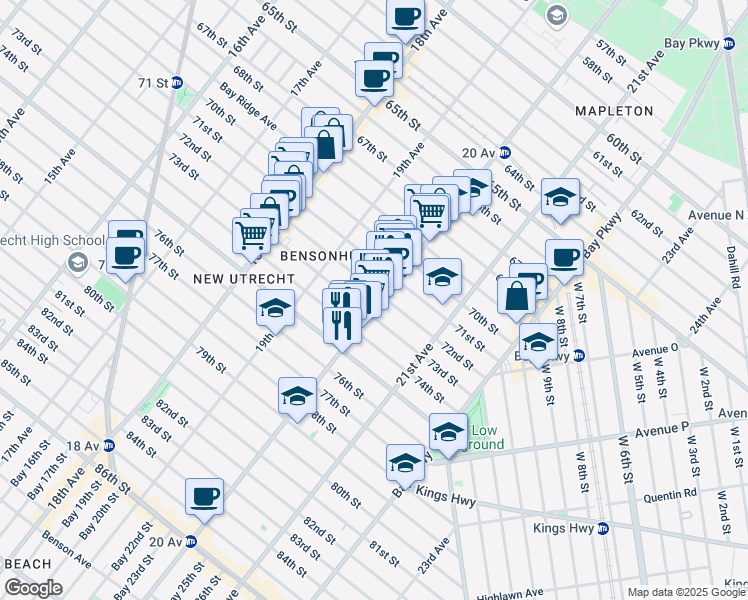 map of restaurants, bars, coffee shops, grocery stores, and more near 7210 20th Avenue in Brooklyn