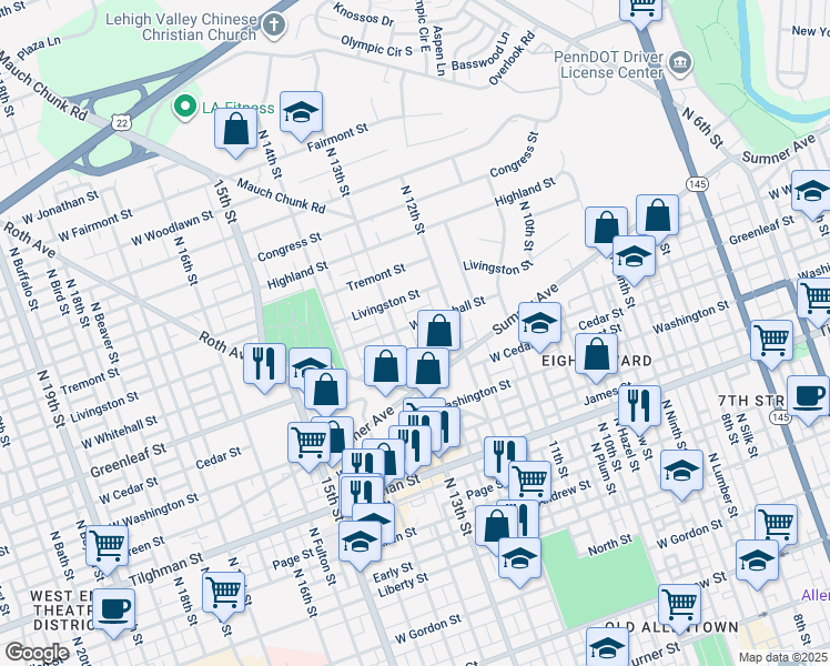 map of restaurants, bars, coffee shops, grocery stores, and more near 1228 West Whitehall Street in Allentown