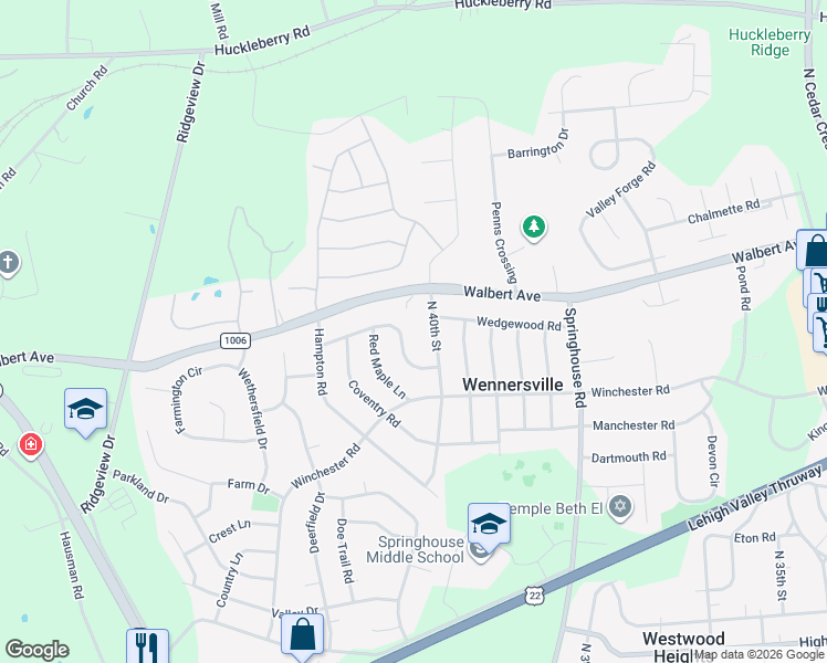 map of restaurants, bars, coffee shops, grocery stores, and more near 4043 Wedgewood Road in Allentown