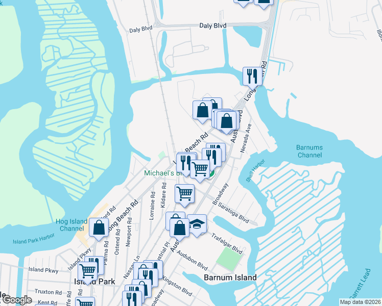 map of restaurants, bars, coffee shops, grocery stores, and more near 4029 Long Beach Road in Island Park