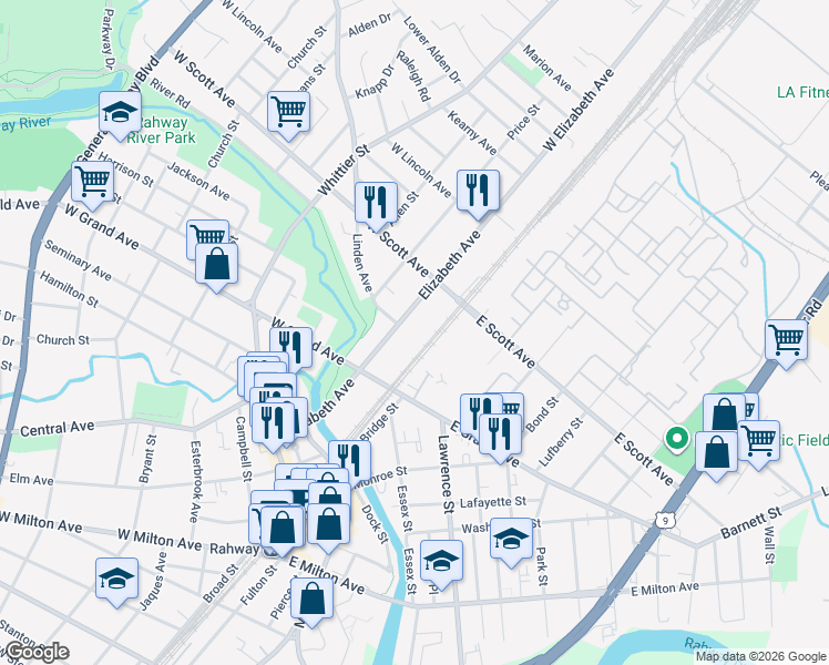 map of restaurants, bars, coffee shops, grocery stores, and more near 1935 Elizabeth Avenue in Rahway