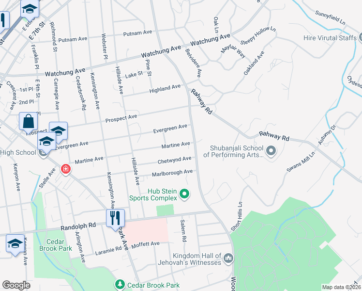 map of restaurants, bars, coffee shops, grocery stores, and more near 1426-28 Martine Avenue in Plainfield