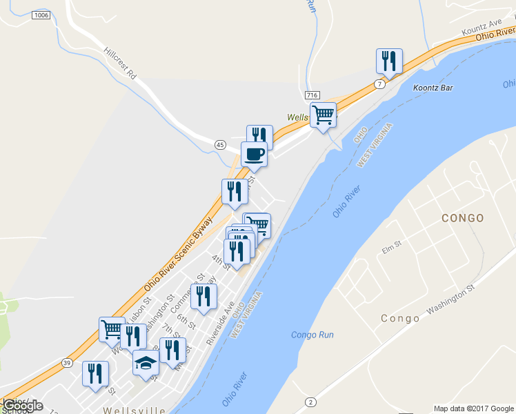 map of restaurants, bars, coffee shops, grocery stores, and more near 322 2nd Street in Wellsville