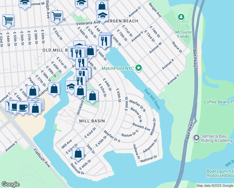 map of restaurants, bars, coffee shops, grocery stores, and more near 2346 East 65th Street in Brooklyn