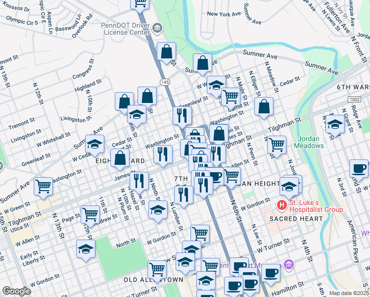 map of restaurants, bars, coffee shops, grocery stores, and more near 724 North 7th Street in Allentown