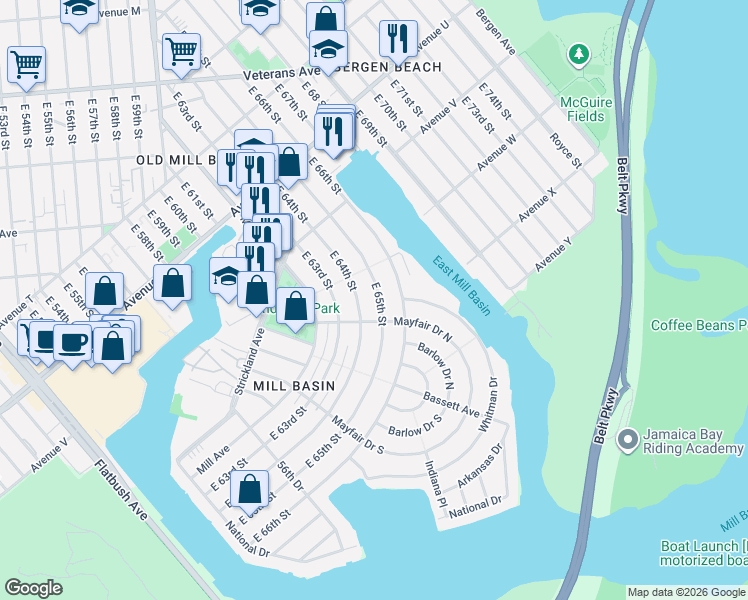 map of restaurants, bars, coffee shops, grocery stores, and more near 2346 East 65th Street in Brooklyn