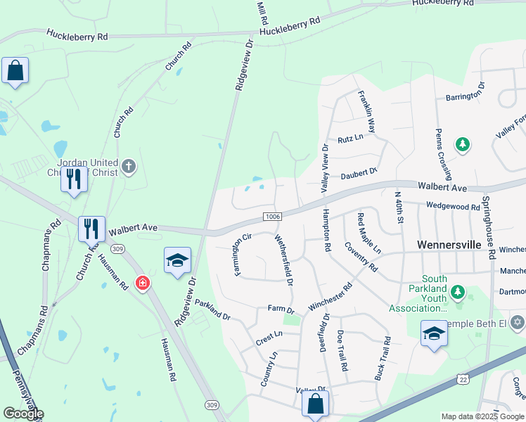 map of restaurants, bars, coffee shops, grocery stores, and more near 1622 Chestertown Road in Allentown