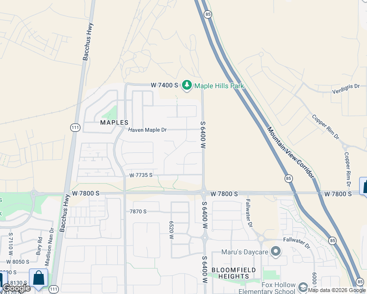 map of restaurants, bars, coffee shops, grocery stores, and more near 7611 Scenic Maple Drive in West Jordan
