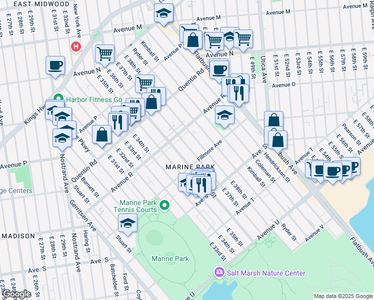map of restaurants, bars, coffee shops, grocery stores, and more near 1848 East 37th Street in Brooklyn