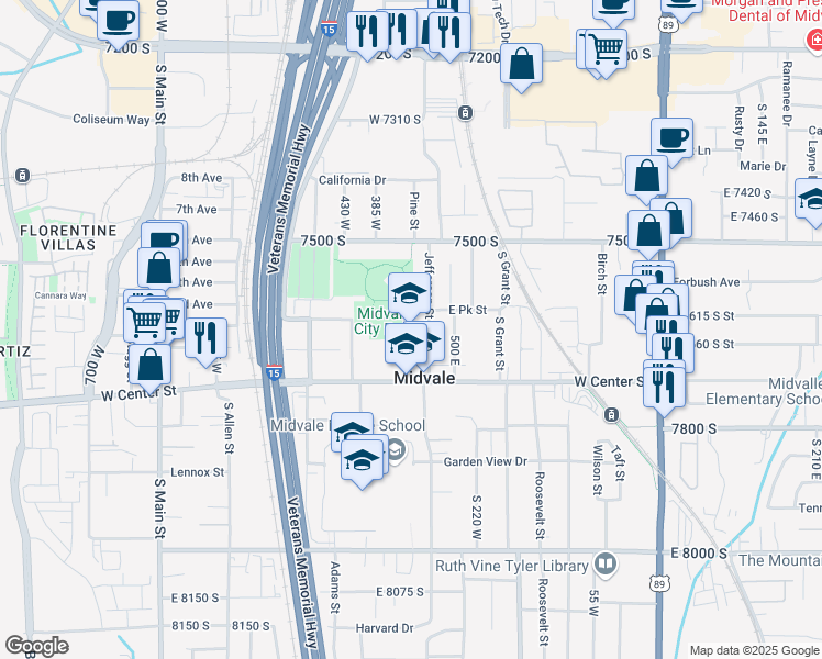 map of restaurants, bars, coffee shops, grocery stores, and more near 362 West Center Street in Midvale
