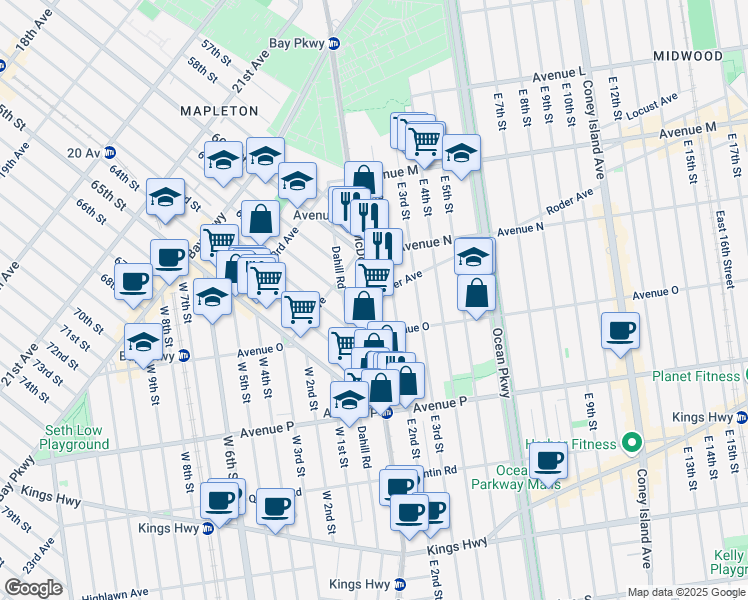 map of restaurants, bars, coffee shops, grocery stores, and more near 1654 McDonald Avenue in Brooklyn