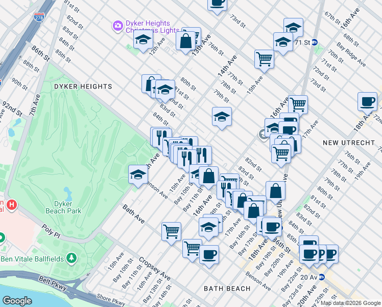map of restaurants, bars, coffee shops, grocery stores, and more near 8402 15th Avenue in Brooklyn
