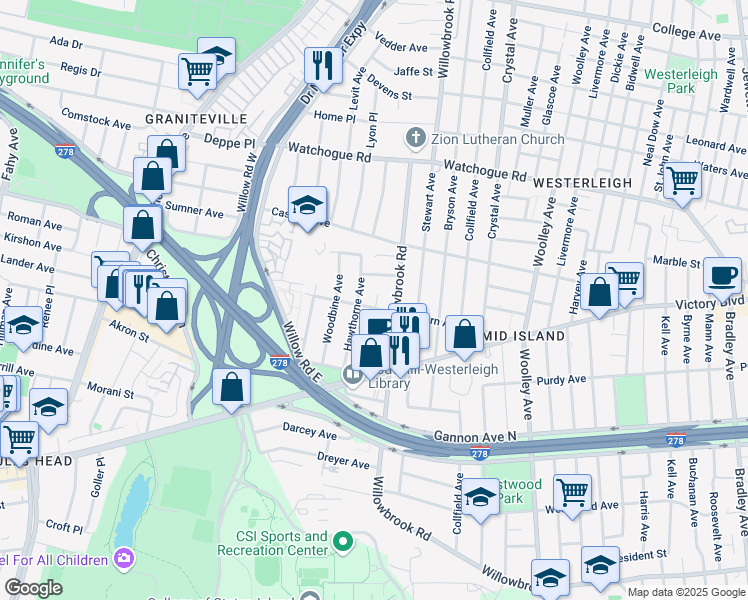 map of restaurants, bars, coffee shops, grocery stores, and more near 189 Auburn Avenue in Staten Island