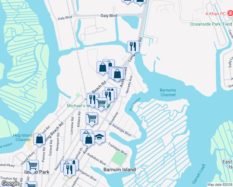 map of restaurants, bars, coffee shops, grocery stores, and more near 3970 Austin Boulevard in Island Park