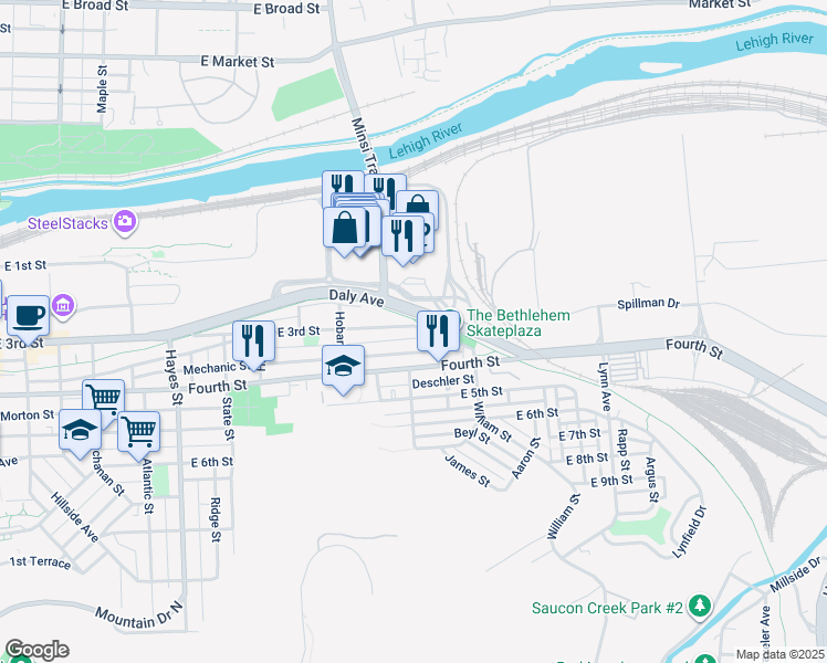 map of restaurants, bars, coffee shops, grocery stores, and more near 1264 Steel Avenue in Bethlehem