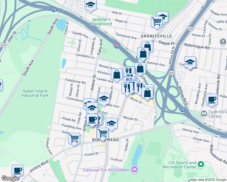 map of restaurants, bars, coffee shops, grocery stores, and more near 57 Renee Place in Staten Island