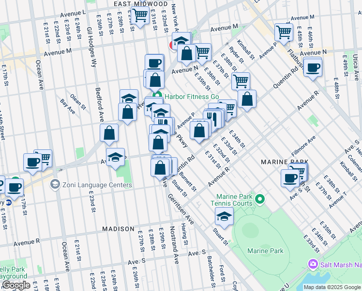 map of restaurants, bars, coffee shops, grocery stores, and more near 1640 Marine Parkway in Brooklyn