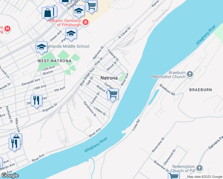 map of restaurants, bars, coffee shops, grocery stores, and more near 22 Garfield Street in Natrona Heights