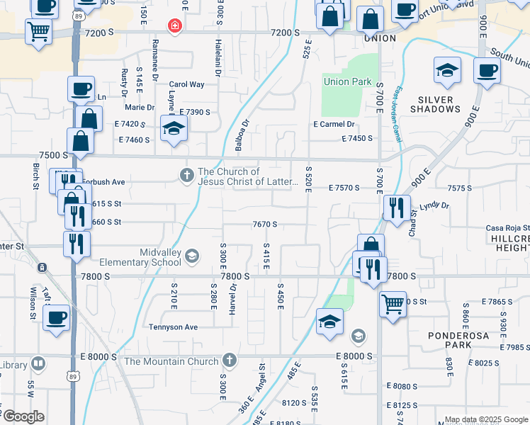 map of restaurants, bars, coffee shops, grocery stores, and more near 404 Sandy Park Cir in Midvale