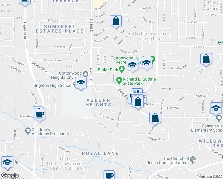 map of restaurants, bars, coffee shops, grocery stores, and more near 7632 Coachman Circle in Cottonwood Heights