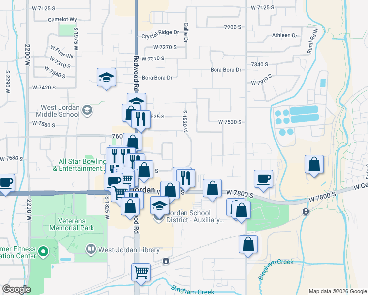 map of restaurants, bars, coffee shops, grocery stores, and more near 7632 S 1530 W in West Jordan