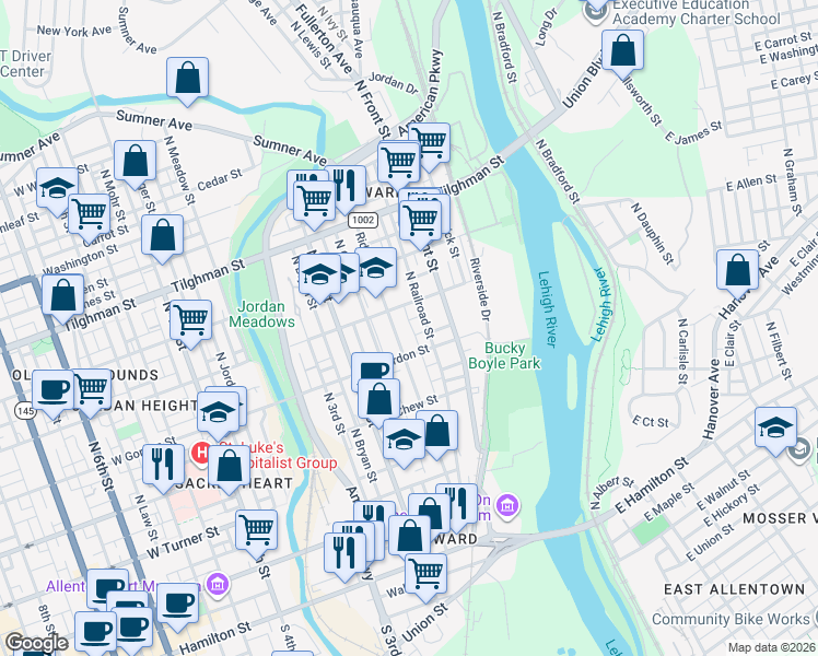 map of restaurants, bars, coffee shops, grocery stores, and more near 428 Limestone Street in Allentown