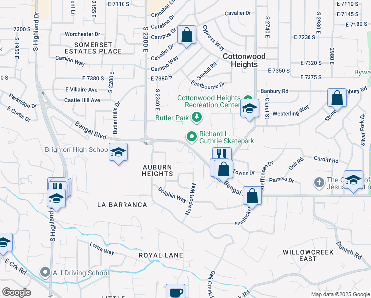 map of restaurants, bars, coffee shops, grocery stores, and more near 7632-7634 Coachman Circle in Cottonwood Heights