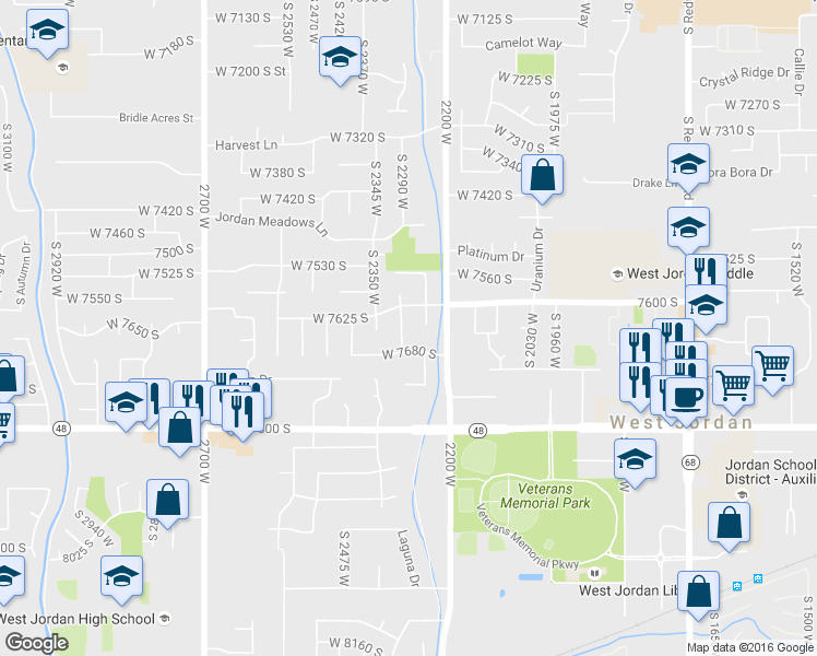 map of restaurants, bars, coffee shops, grocery stores, and more near 7636 2230 West in West Jordan