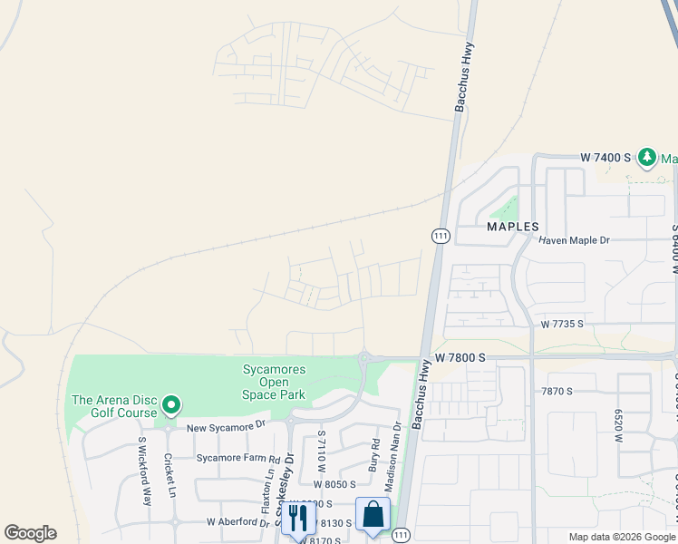 map of restaurants, bars, coffee shops, grocery stores, and more near 7636 New Sycamore Drive in West Jordan