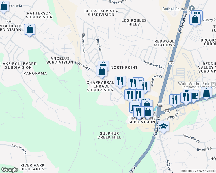map of restaurants, bars, coffee shops, grocery stores, and more near 351 Lake Boulevard in Redding