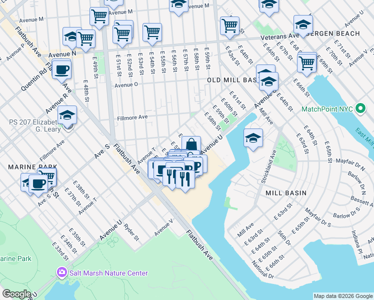 map of restaurants, bars, coffee shops, grocery stores, and more near 2054 East 56th Street in Brooklyn
