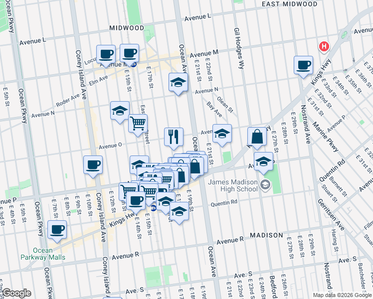 map of restaurants, bars, coffee shops, grocery stores, and more near 2010 Ocean Avenue in Brooklyn