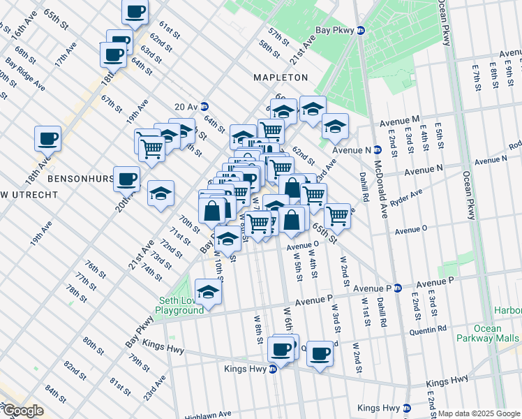 map of restaurants, bars, coffee shops, grocery stores, and more near 1345 West 7th Street in Brooklyn