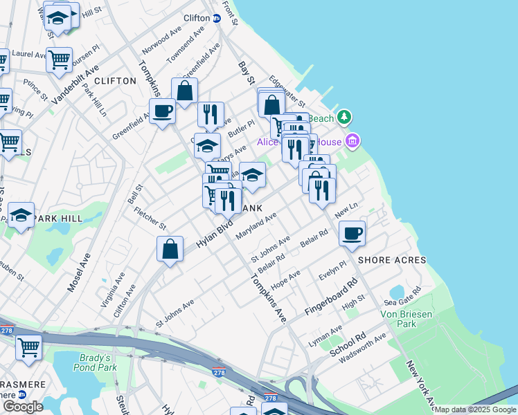 map of restaurants, bars, coffee shops, grocery stores, and more near 192 Hylan Boulevard in Staten Island