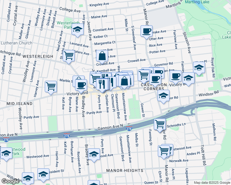 map of restaurants, bars, coffee shops, grocery stores, and more near 1936 Victory Boulevard in Staten Island