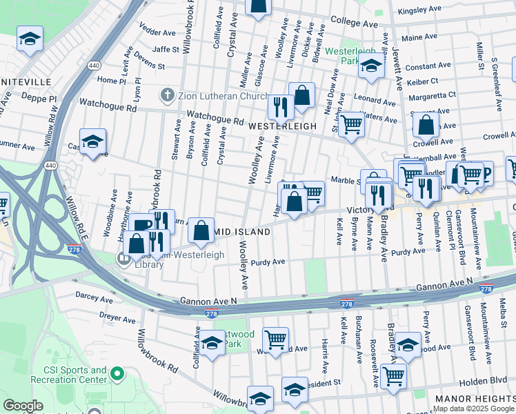 map of restaurants, bars, coffee shops, grocery stores, and more near 455 Woolley Avenue in Staten Island