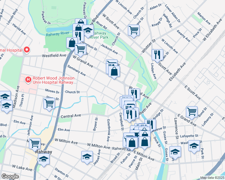 map of restaurants, bars, coffee shops, grocery stores, and more near 363 Seminary Avenue in Rahway