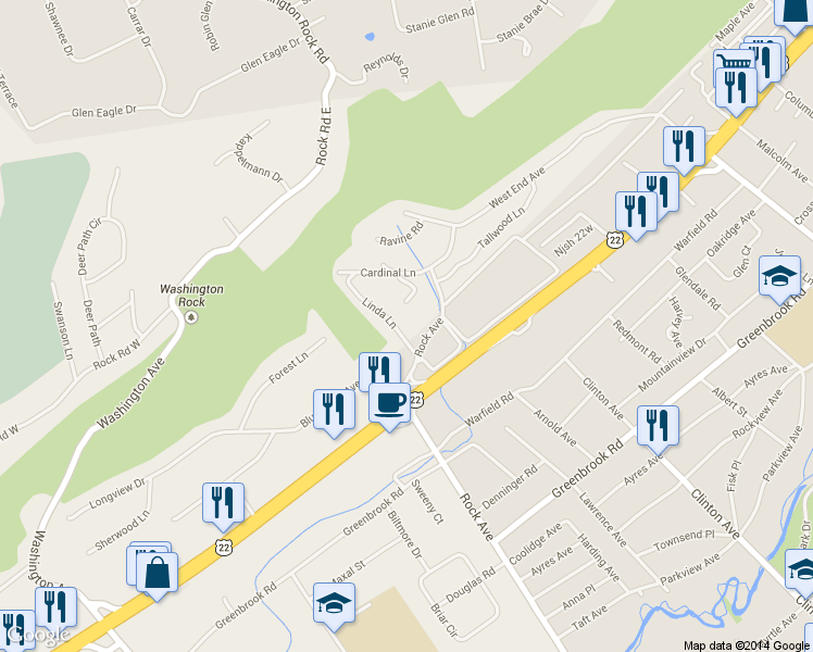 map of restaurants, bars, coffee shops, grocery stores, and more near 6 Linda Lane in Green Brook Township