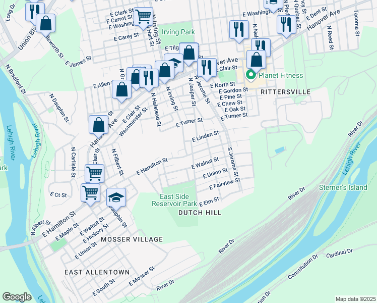 map of restaurants, bars, coffee shops, grocery stores, and more near 915 East Hamilton Street in Allentown