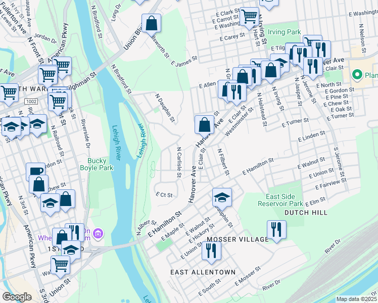 map of restaurants, bars, coffee shops, grocery stores, and more near 326 East Turner Street in Allentown