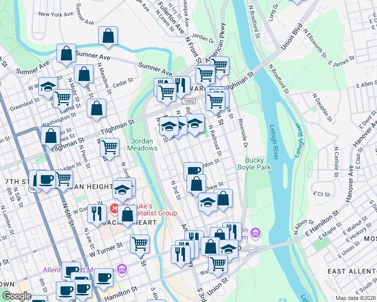 map of restaurants, bars, coffee shops, grocery stores, and more near 442 North Grant Street in Allentown
