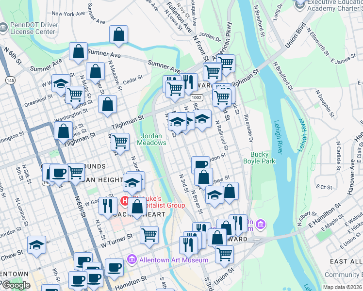 map of restaurants, bars, coffee shops, grocery stores, and more near 504 North 2nd Street in Allentown