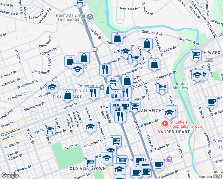 map of restaurants, bars, coffee shops, grocery stores, and more near 629 James Street in Allentown